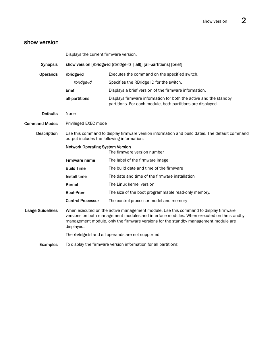 Show version, W version, sh, W version, f | Brocade Network OS Command Reference v4.1.0 User Manual | Page 1239 / 1418