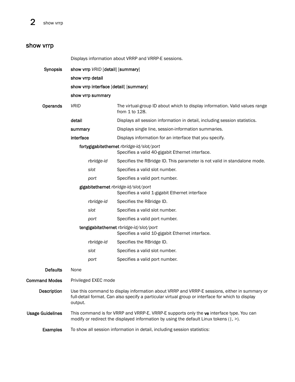 Show vrrp | Brocade Network OS Command Reference v4.1.0 User Manual | Page 1252 / 1418