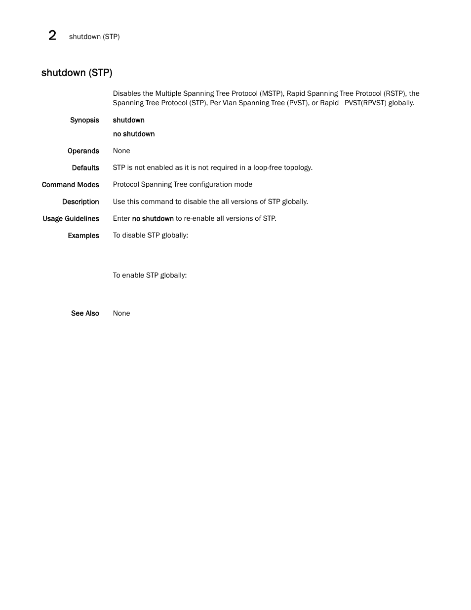 Shutdown (stp) | Brocade Network OS Command Reference v4.1.0 User Manual | Page 1258 / 1418