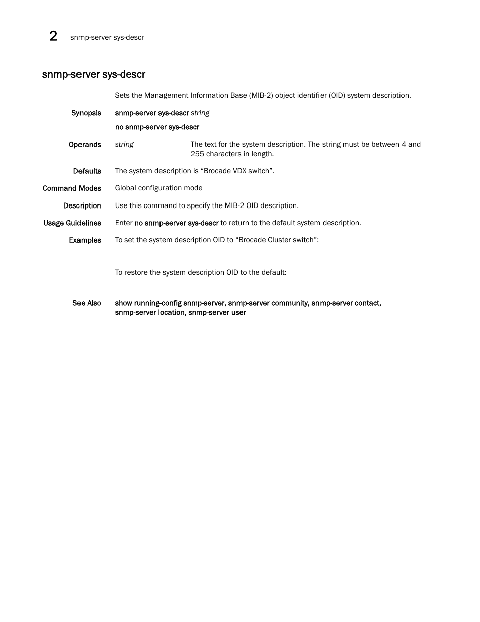 Snmp-server sys-descr, Snmp-server sys-descr, snm, P-server sys-descr | Brocade Network OS Command Reference v4.1.0 User Manual | Page 1268 / 1418