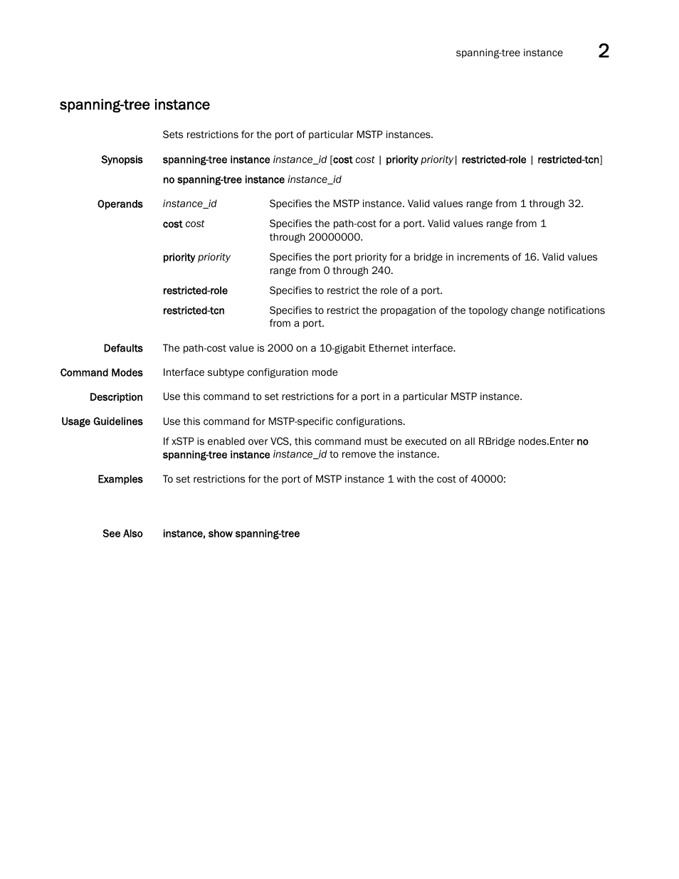 Spanning-tree instance | Brocade Network OS Command Reference v4.1.0 User Manual | Page 1281 / 1418