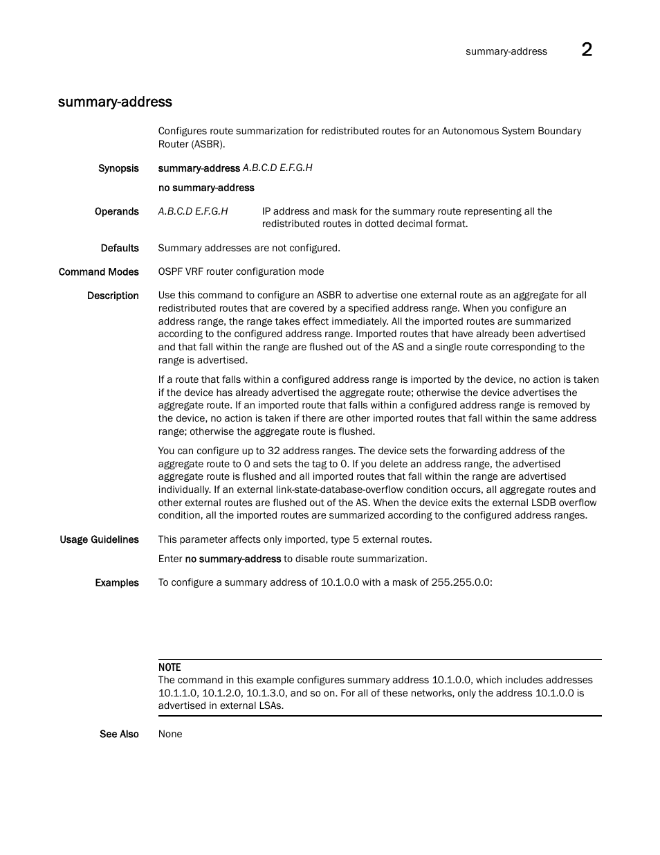 Summary-address | Brocade Network OS Command Reference v4.1.0 User Manual | Page 1303 / 1418