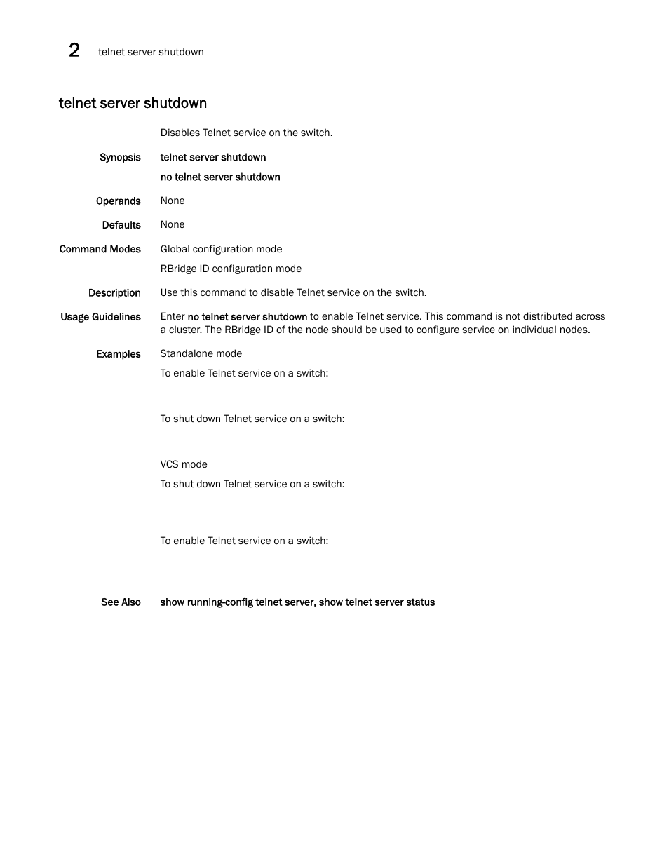 Telnet server shutdown, Elnet server shutdown | Brocade Network OS Command Reference v4.1.0 User Manual | Page 1346 / 1418