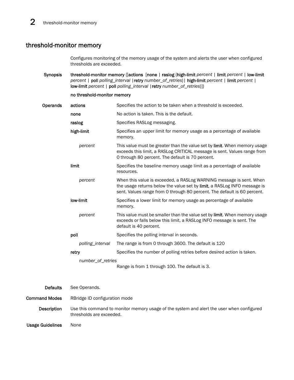 Threshold-monitor memory | Brocade Network OS Command Reference v4.1.0 User Manual | Page 1352 / 1418