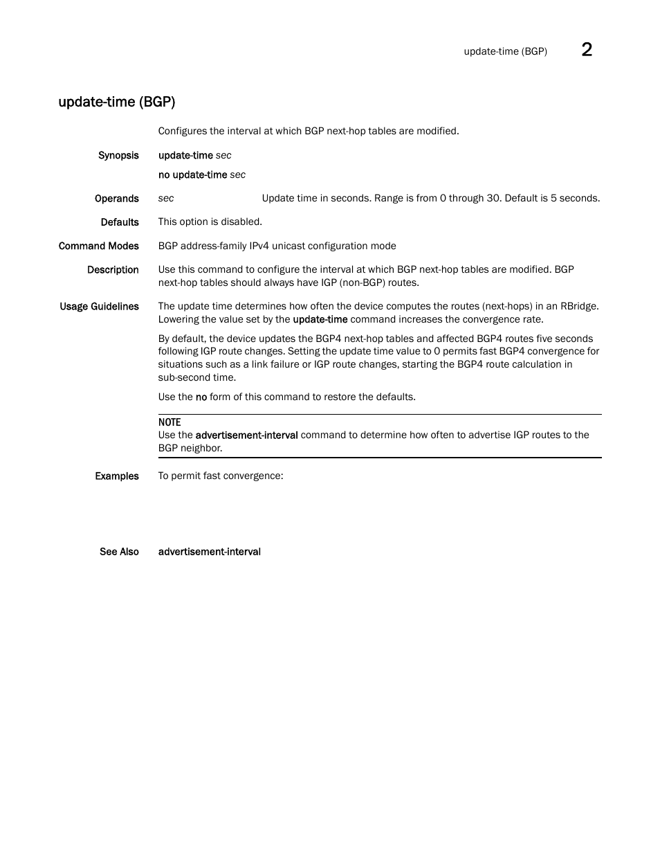 Update-time (bgp) | Brocade Network OS Command Reference v4.1.0 User Manual | Page 1371 / 1418