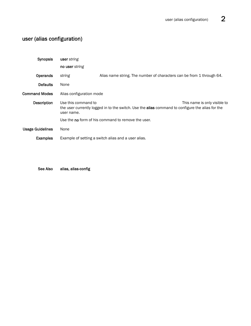 User (alias configuration) | Brocade Network OS Command Reference v4.1.0 User Manual | Page 1375 / 1418