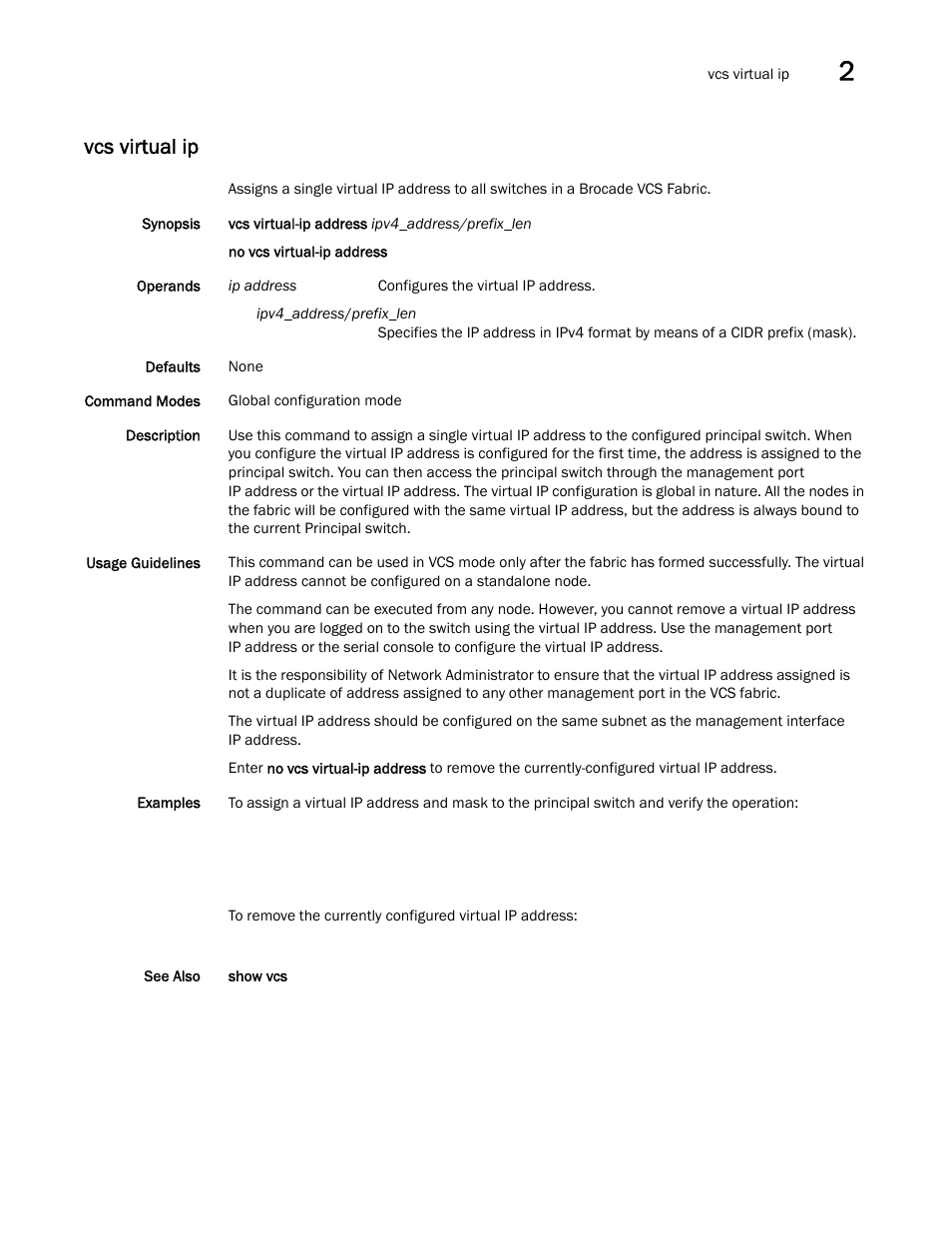 Vcs virtual ip | Brocade Network OS Command Reference v4.1.0 User Manual | Page 1393 / 1418