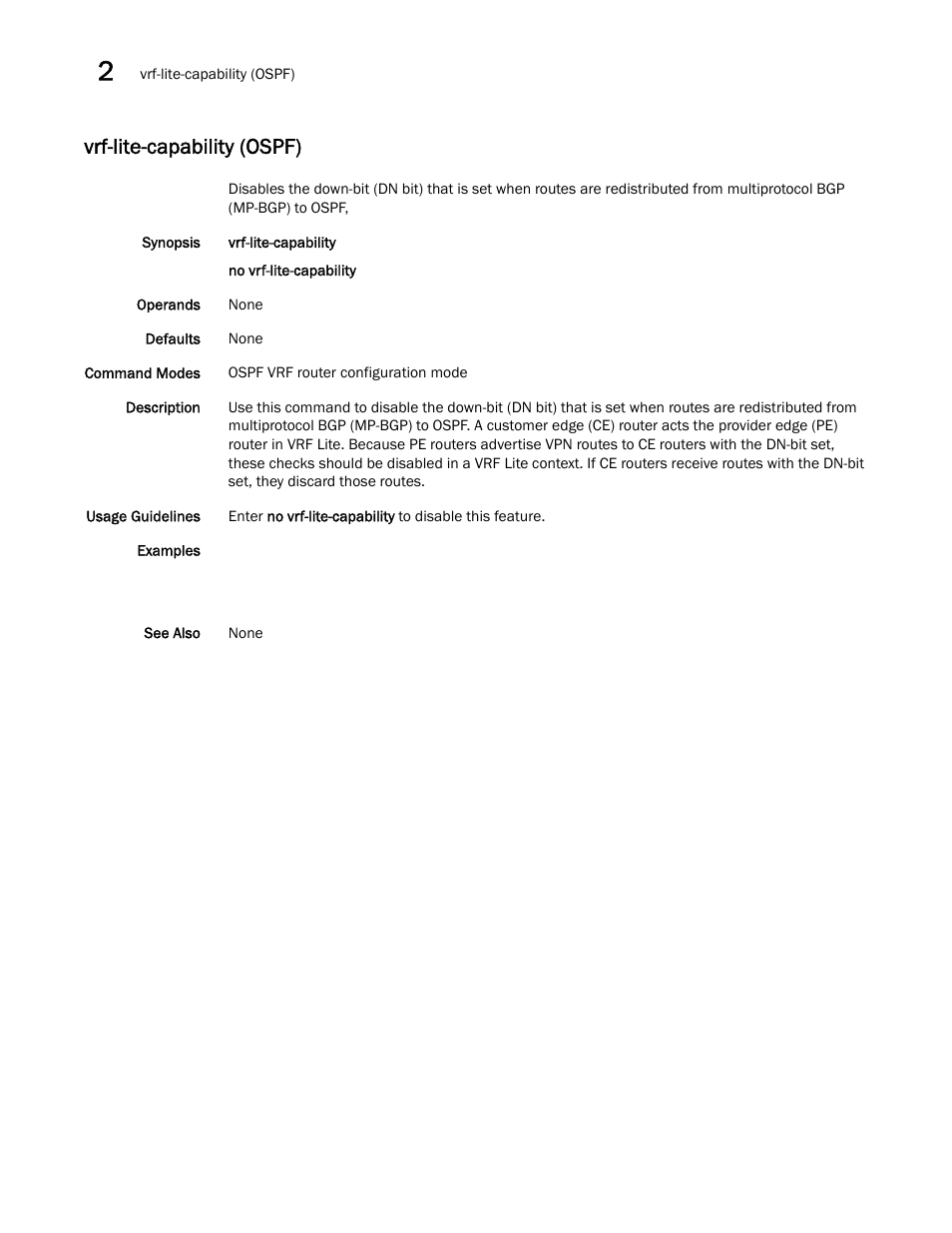 Vrf-lite-capability (ospf) | Brocade Network OS Command Reference v4.1.0 User Manual | Page 1404 / 1418