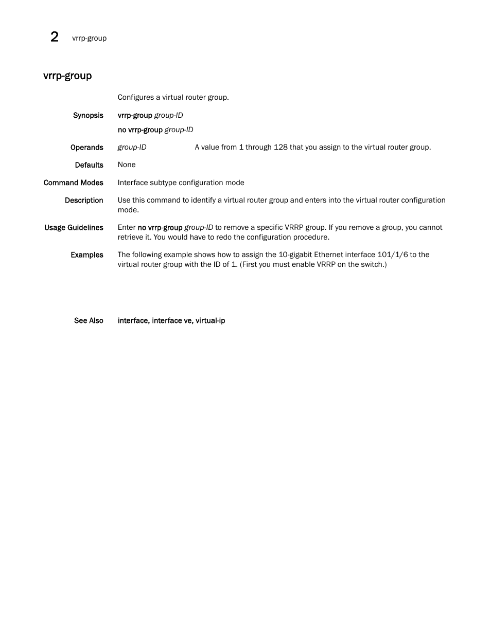 Vrrp-group | Brocade Network OS Command Reference v4.1.0 User Manual | Page 1406 / 1418