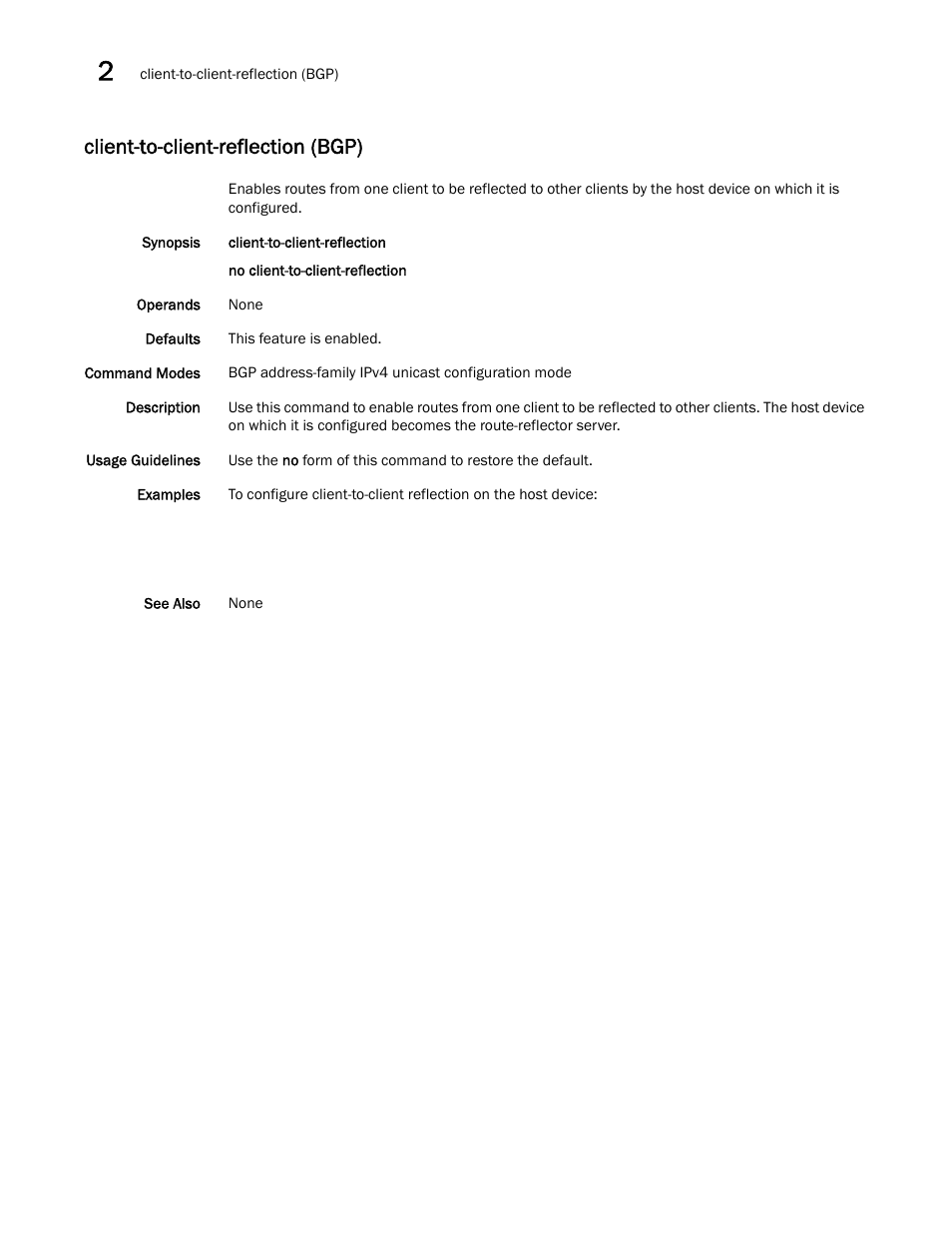 Client-to-client-reflection (bgp) | Brocade Network OS Command Reference v4.1.0 User Manual | Page 184 / 1418