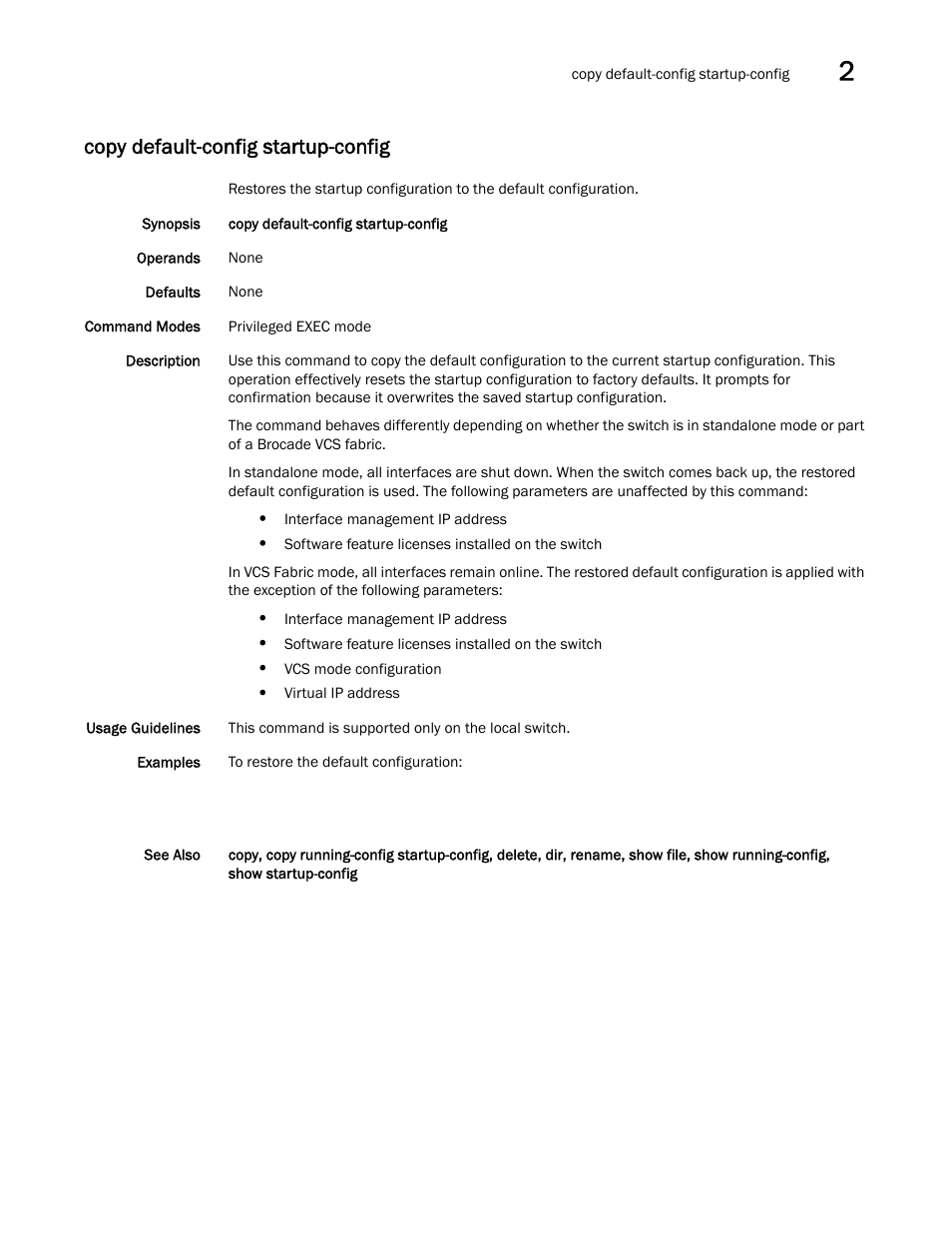 Copy default-config startup-config, Copy default-config startup-config, c | Brocade Network OS Command Reference v4.1.0 User Manual | Page 199 / 1418