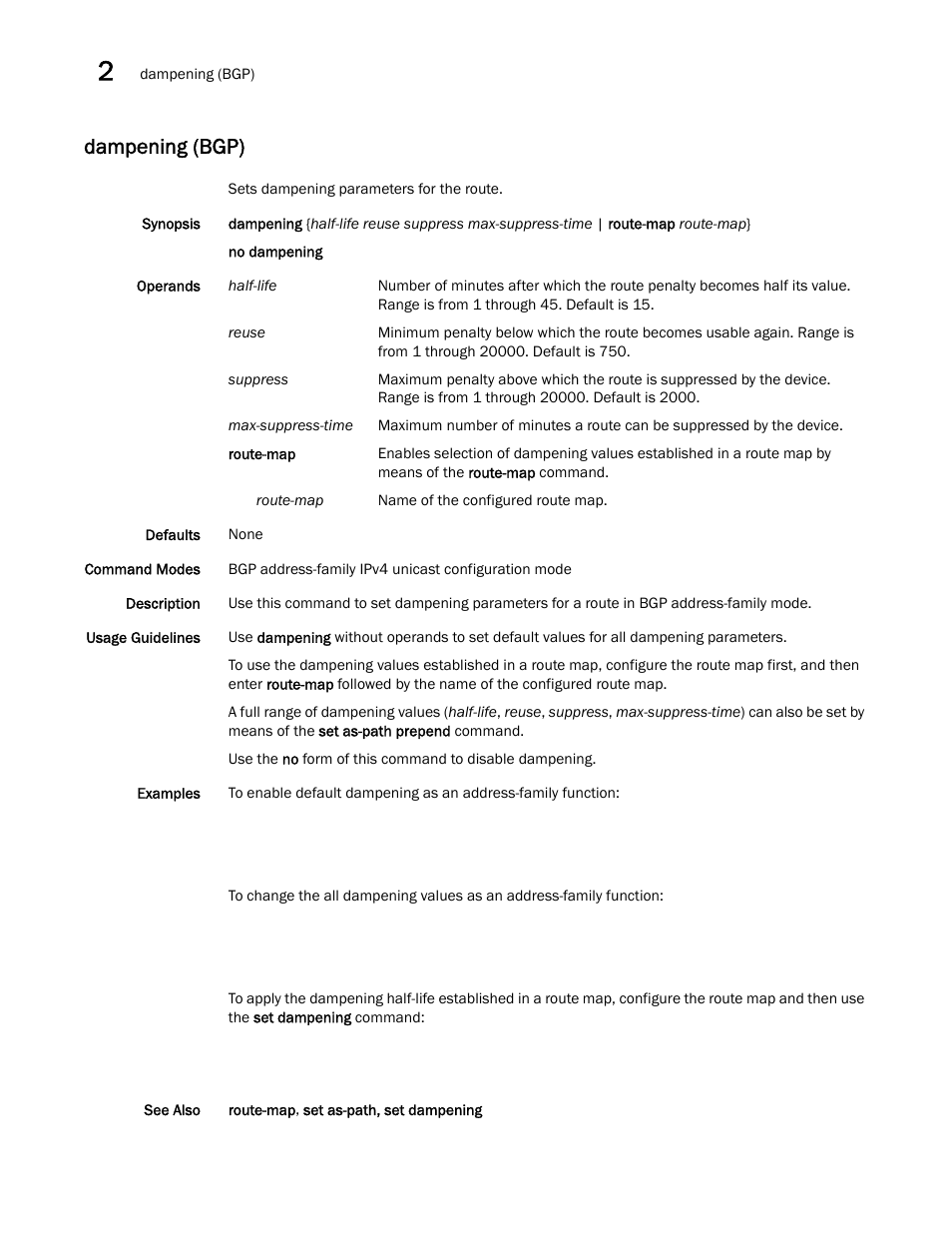 Dampening (bgp) | Brocade Network OS Command Reference v4.1.0 User Manual | Page 208 / 1418