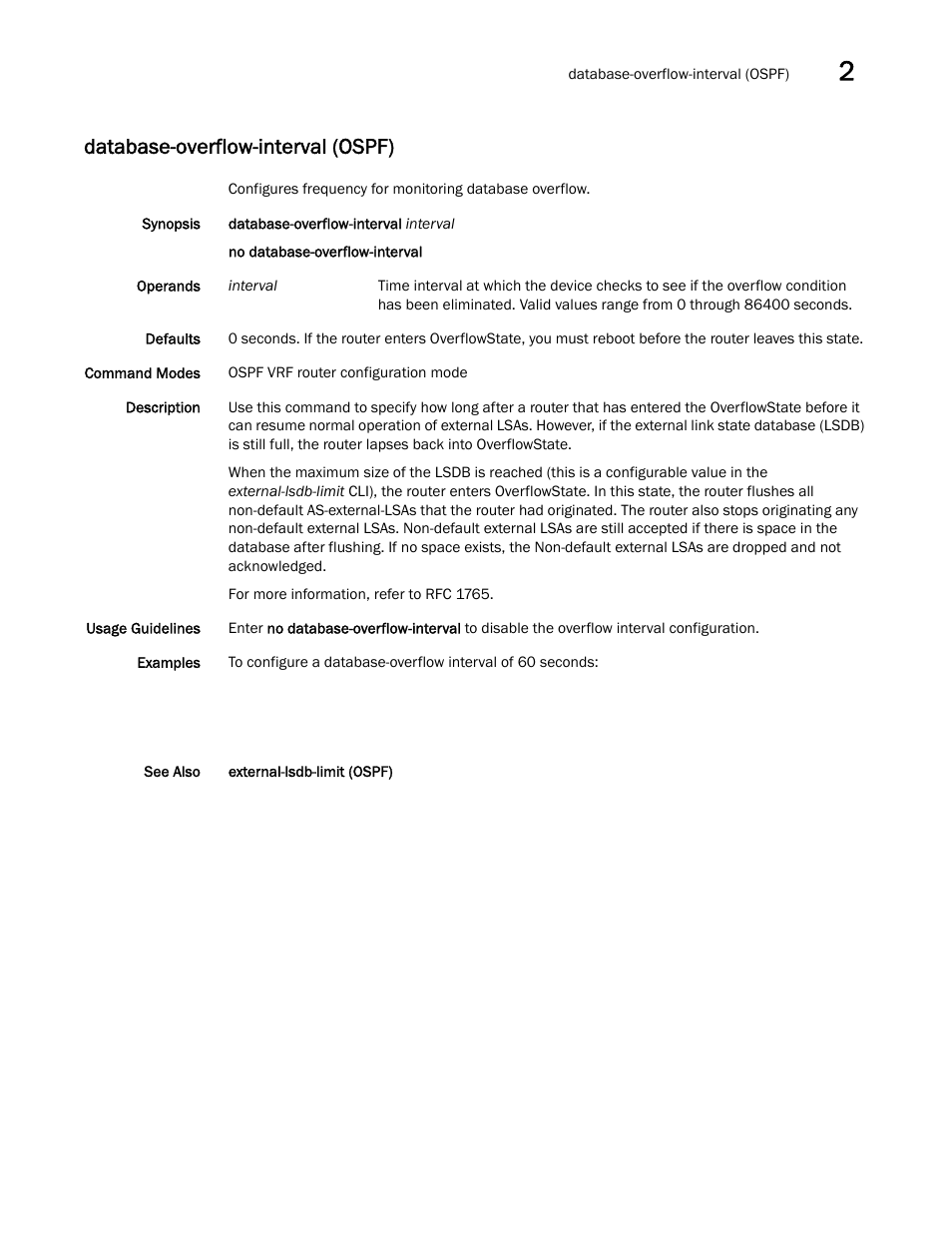 Database-overflow-interval (ospf) | Brocade Network OS Command Reference v4.1.0 User Manual | Page 209 / 1418