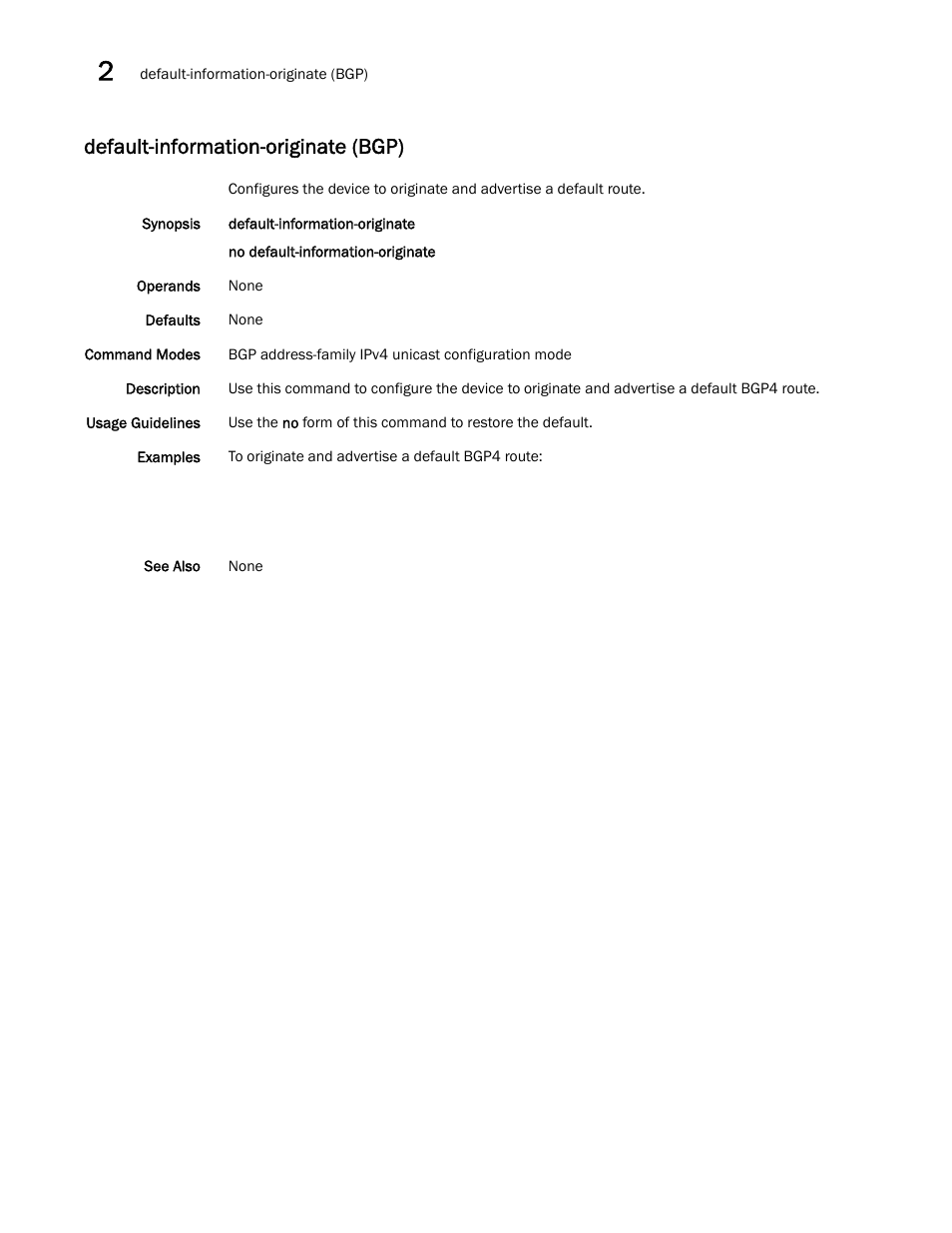 Default-information-originate (bgp) | Brocade Network OS Command Reference v4.1.0 User Manual | Page 240 / 1418