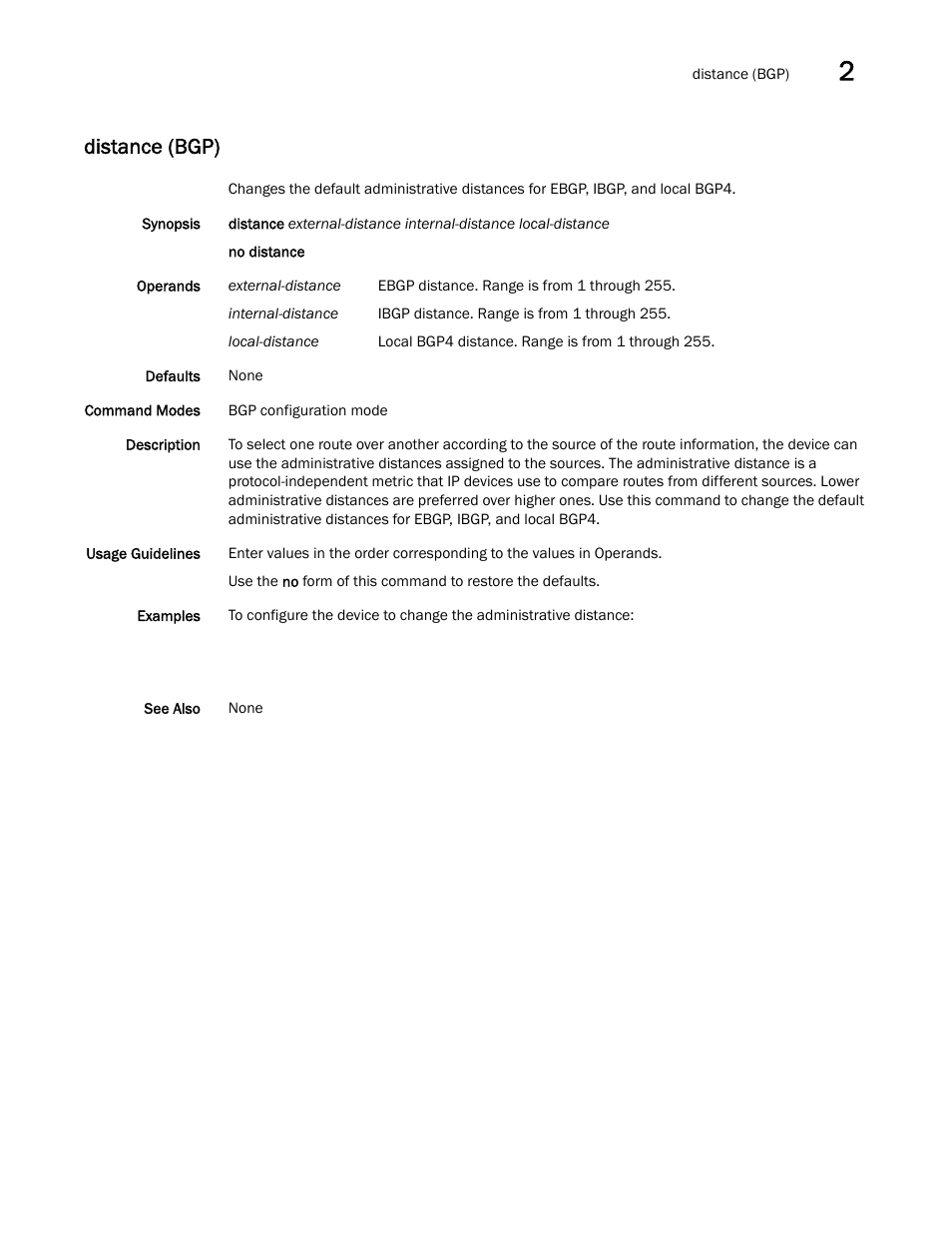 Distance (bgp) | Brocade Network OS Command Reference v4.1.0 User Manual | Page 269 / 1418