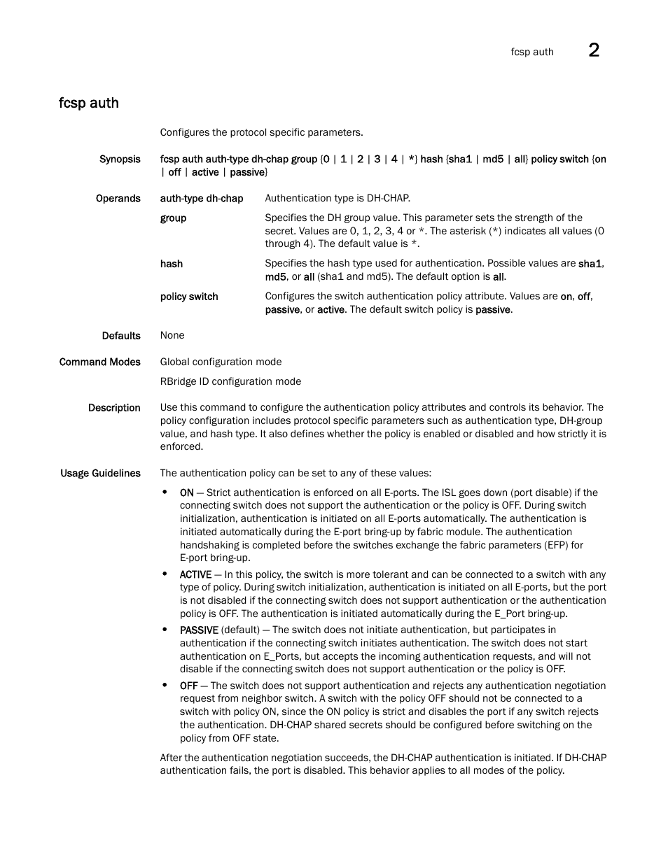 Fcsp auth | Brocade Network OS Command Reference v4.1.0 User Manual | Page 319 / 1418