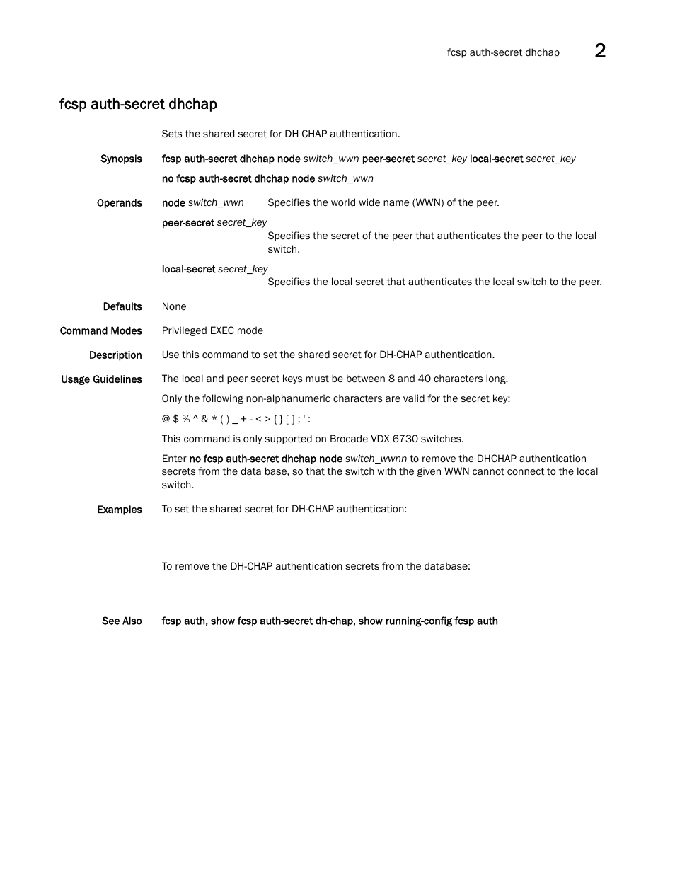 Fcsp auth-secret dhchap | Brocade Network OS Command Reference v4.1.0 User Manual | Page 321 / 1418