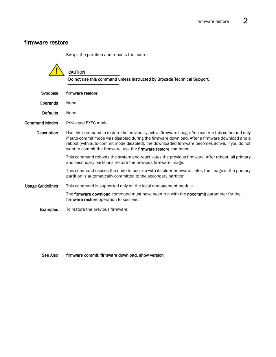 Firmware restore, Firmware restore, sho, Rmware restore | Brocade Network OS Command Reference v4.1.0 User Manual | Page 347 / 1418