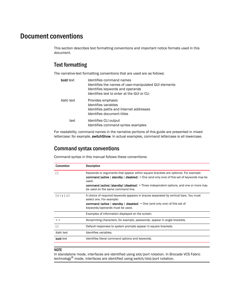 Document conventions, Text formatting, Command syntax conventions | Brocade Network OS Command Reference v4.1.0 User Manual | Page 35 / 1418