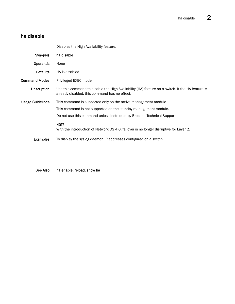 Ha disable | Brocade Network OS Command Reference v4.1.0 User Manual | Page 351 / 1418