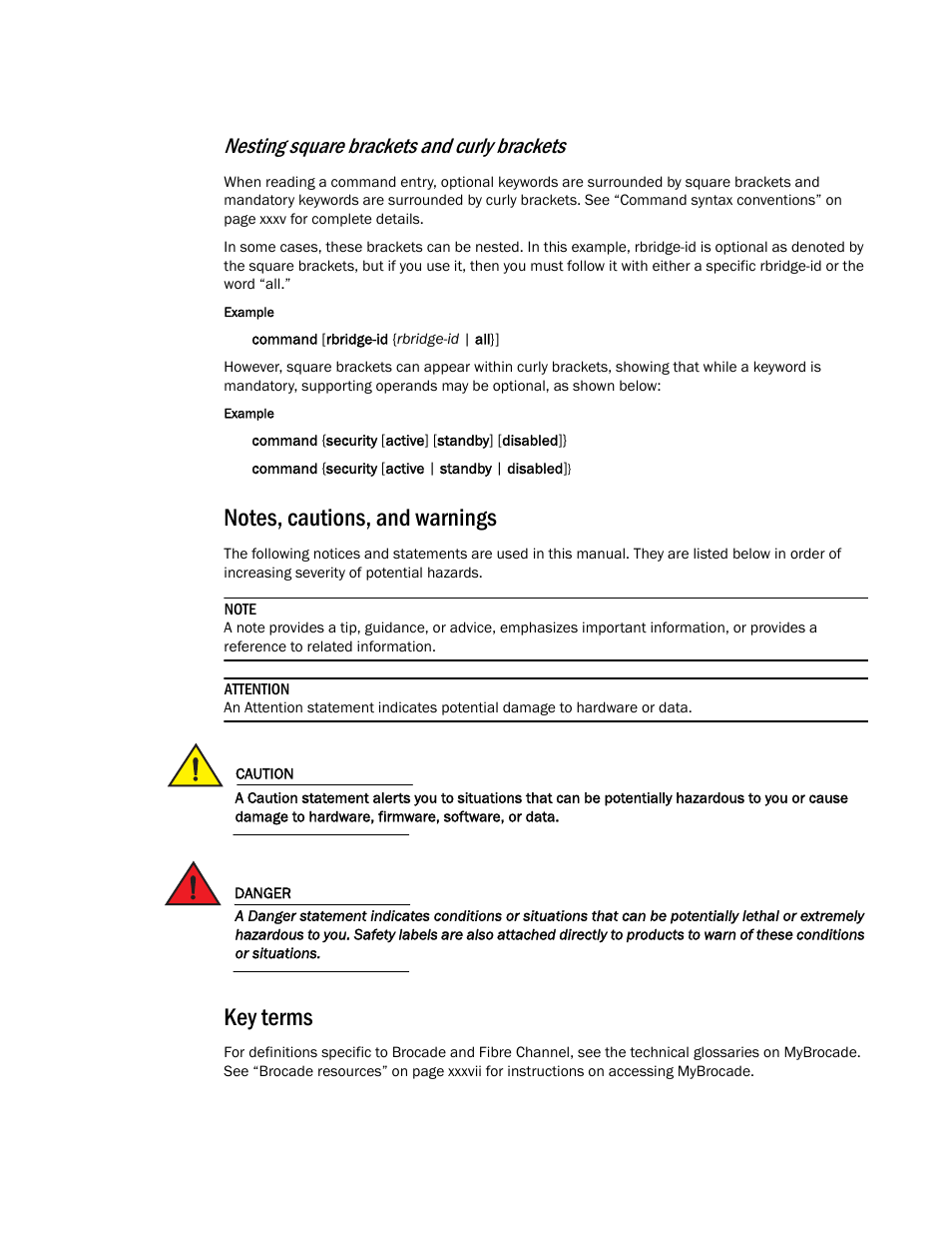 Notes, cautions, and warnings, Key terms, Nesting square brackets and curly brackets | Brocade Network OS Command Reference v4.1.0 User Manual | Page 36 / 1418