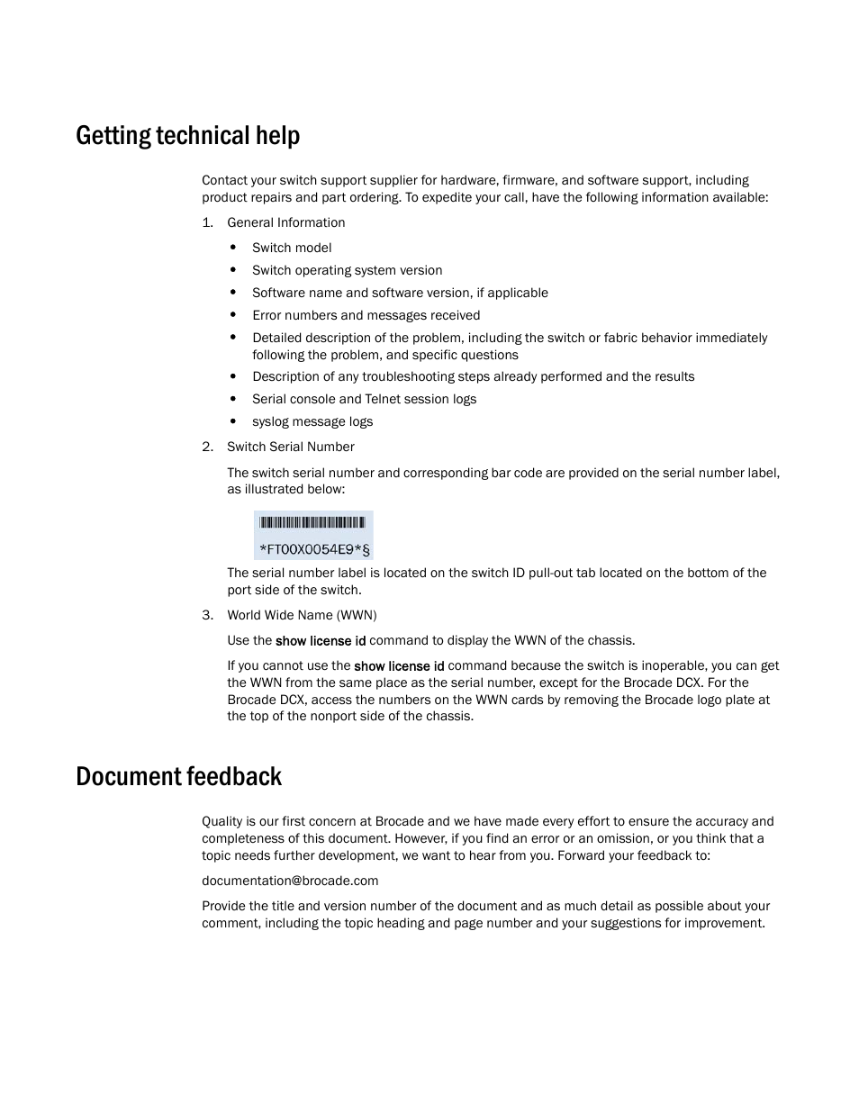 Getting technical help, Document feedback | Brocade Network OS Command Reference v4.1.0 User Manual | Page 38 / 1418