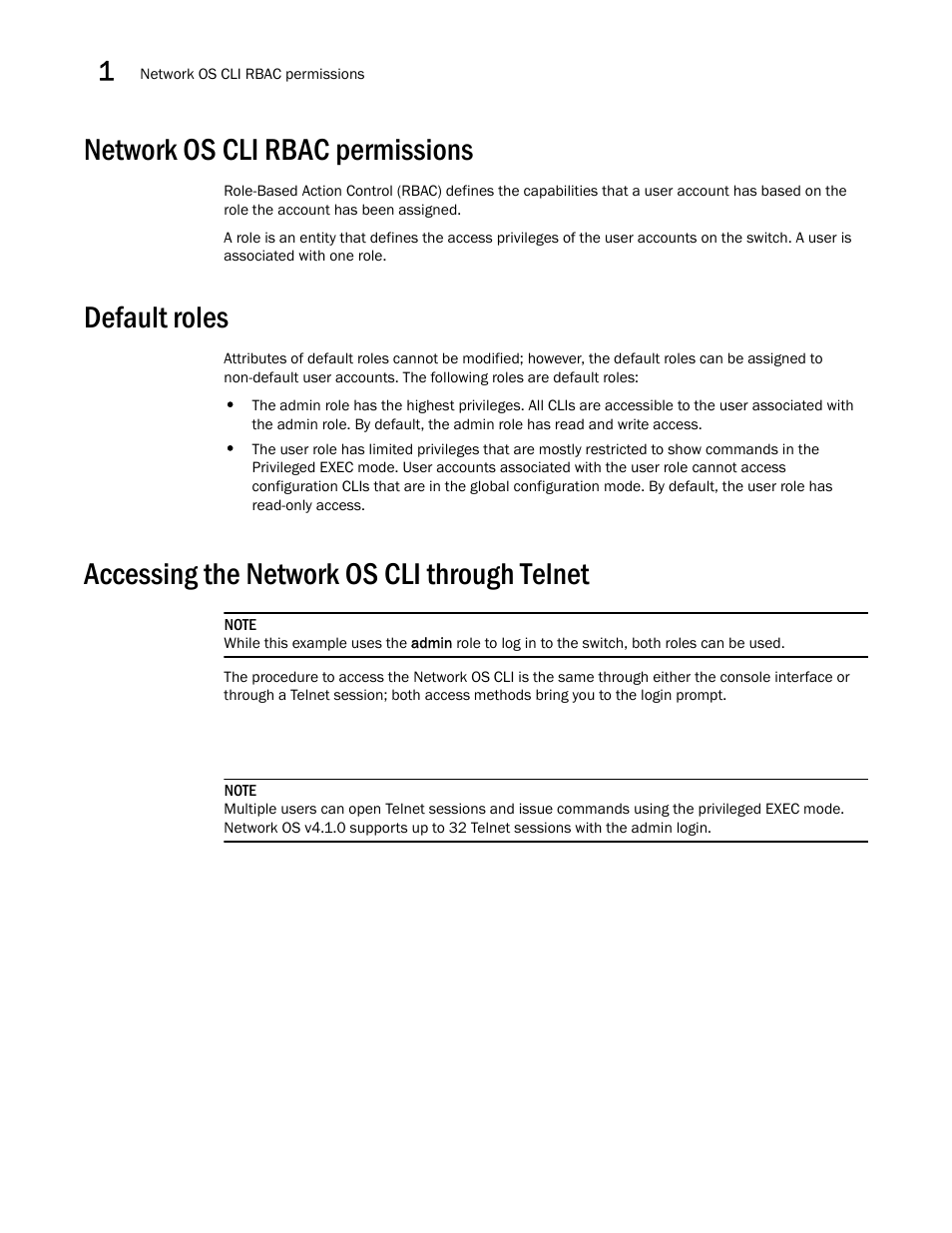 Network os cli rbac permissions, Default roles, Accessing the network os cli through telnet | Brocade Network OS Command Reference v4.1.0 User Manual | Page 40 / 1418