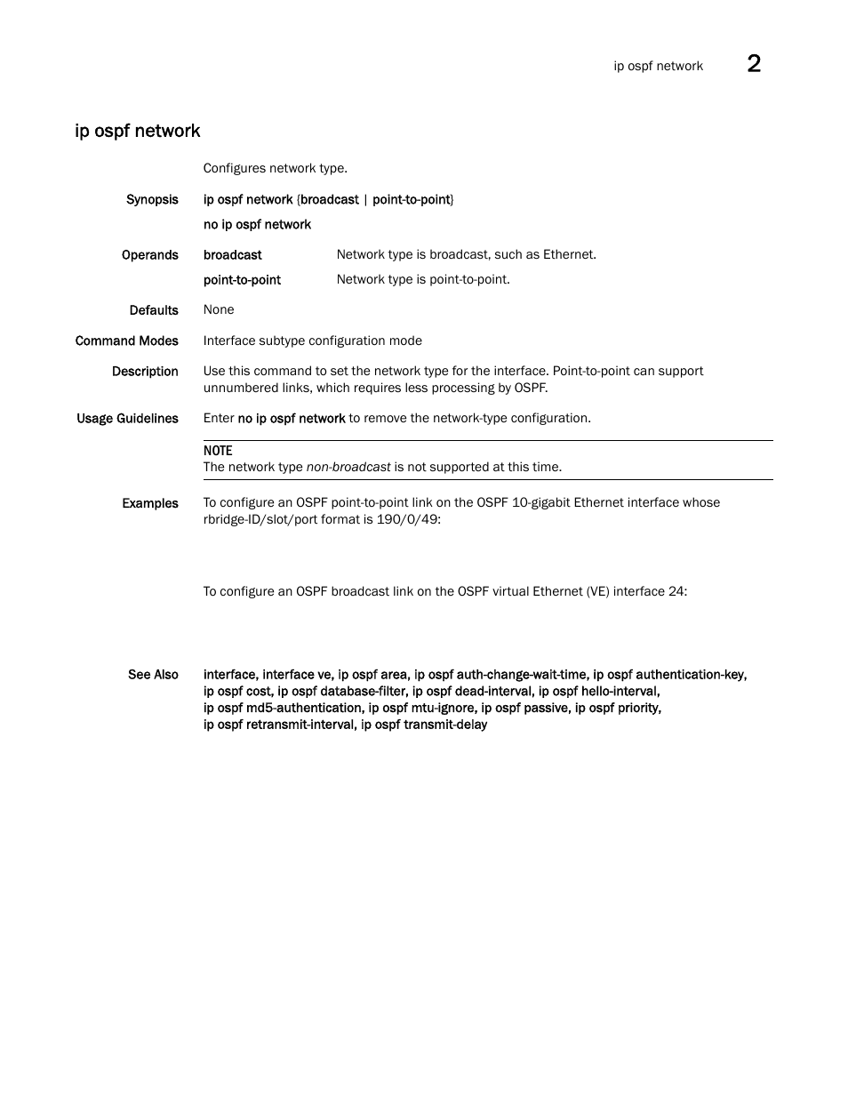 Ip ospf network, Ip ospf network, ip, P ospf network, ip | Brocade Network OS Command Reference v4.1.0 User Manual | Page 421 / 1418