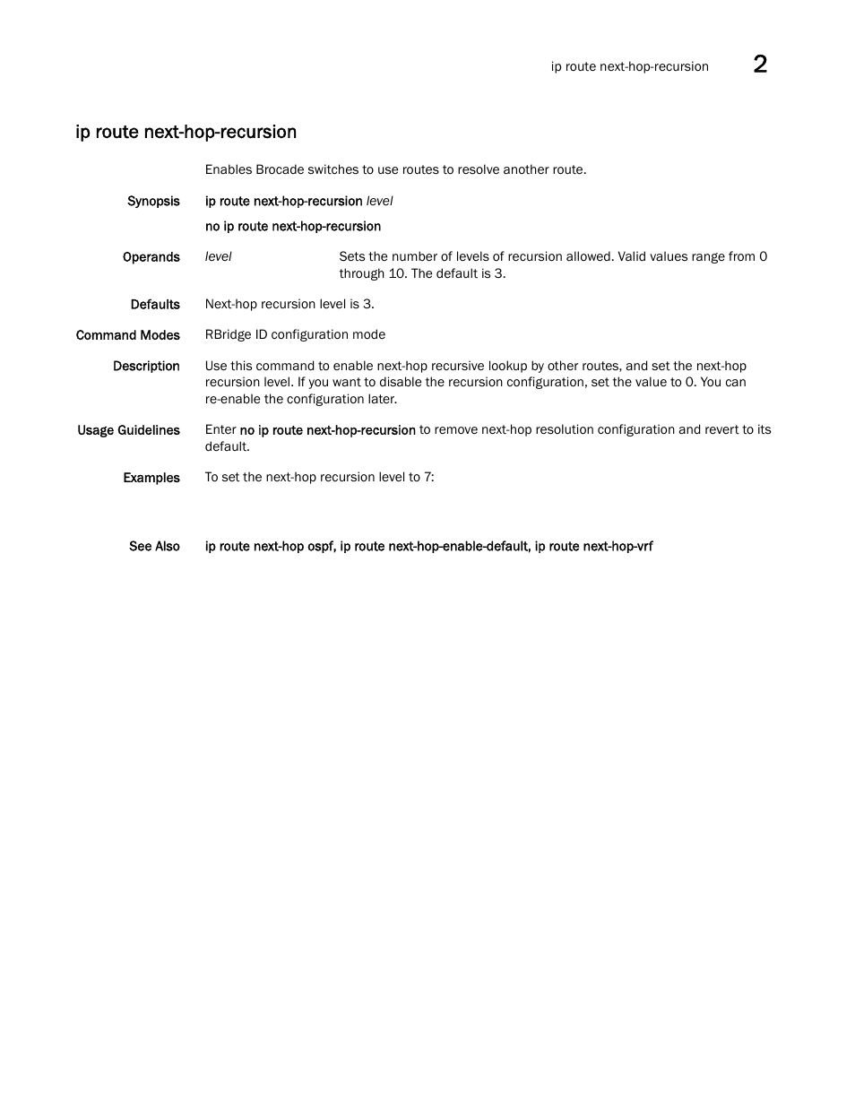 Ip route next-hop-recursion, Ip route next-hop-recursion, i | Brocade Network OS Command Reference v4.1.0 User Manual | Page 435 / 1418