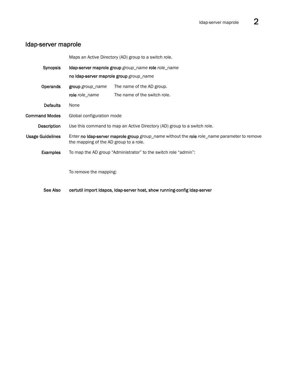 Ldap-server maprole, Ver maprole, sho | Brocade Network OS Command Reference v4.1.0 User Manual | Page 455 / 1418