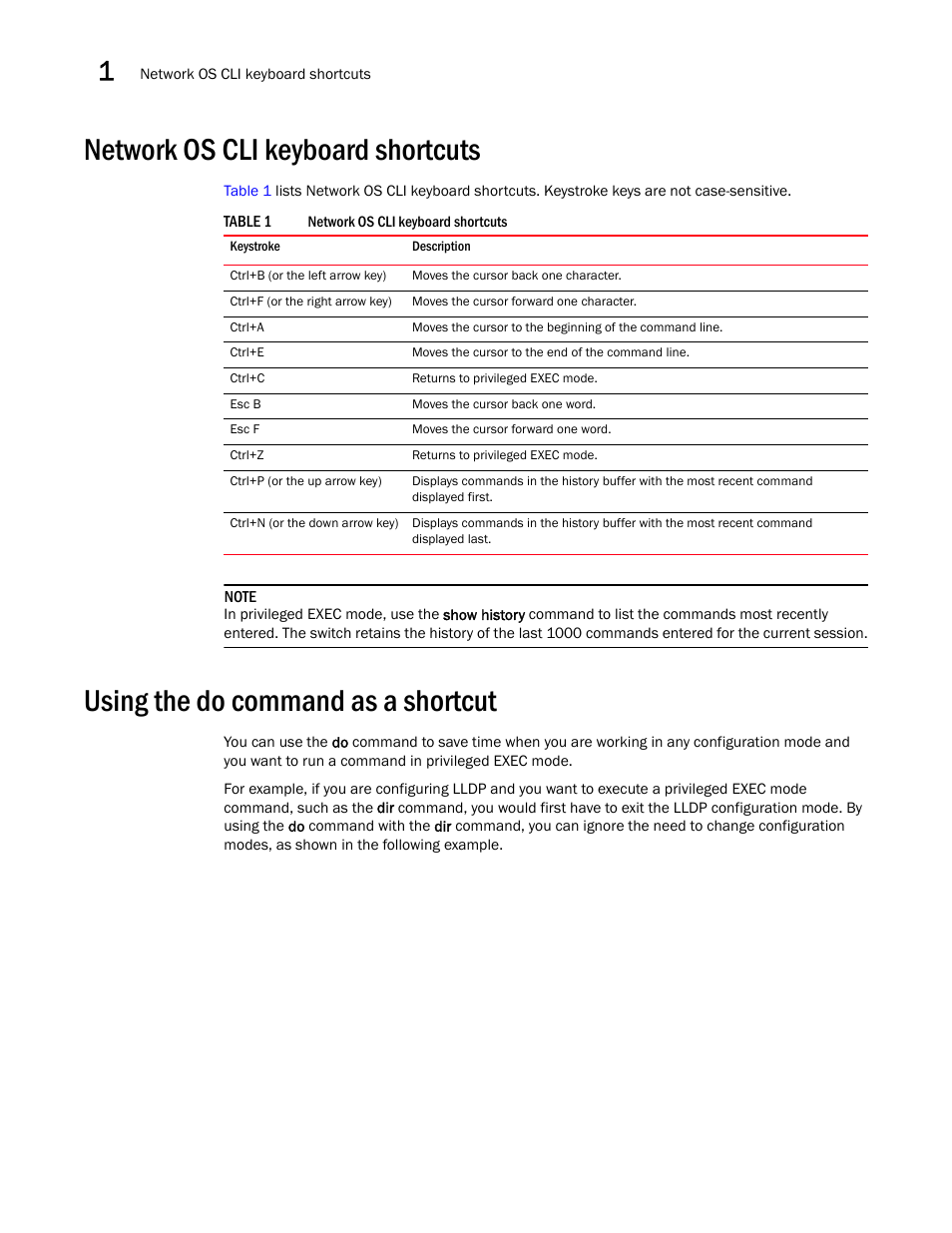 Network os cli keyboard shortcuts, Using the do command as a shortcut | Brocade Network OS Command Reference v4.1.0 User Manual | Page 46 / 1418