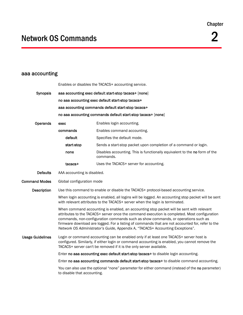 Network os commands, Aaa accounting, Chapter 2 | Chapter 2, “network os commands, Chapter | Brocade Network OS Command Reference v4.1.0 User Manual | Page 51 / 1418