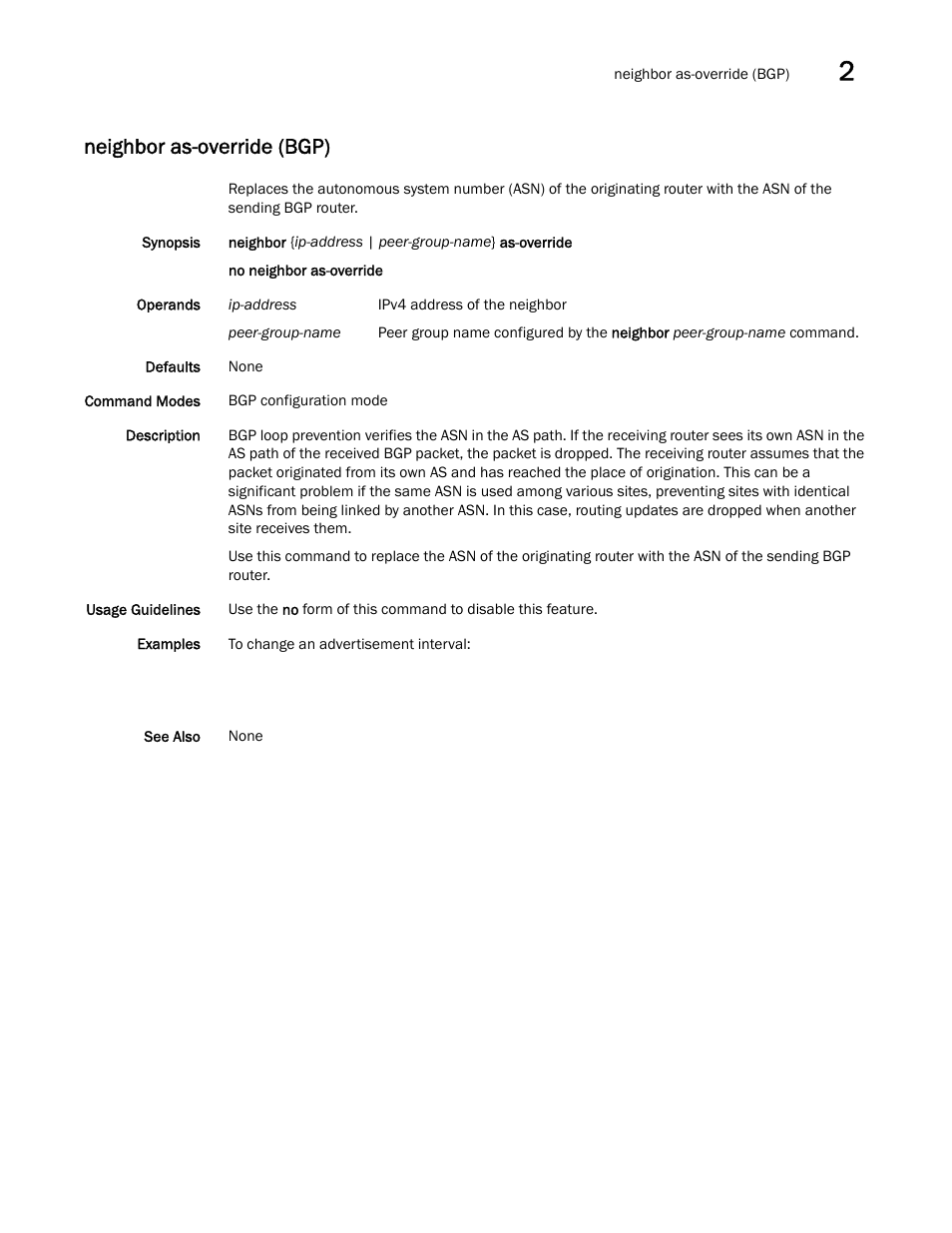 Neighbor as-override (bgp) | Brocade Network OS Command Reference v4.1.0 User Manual | Page 531 / 1418