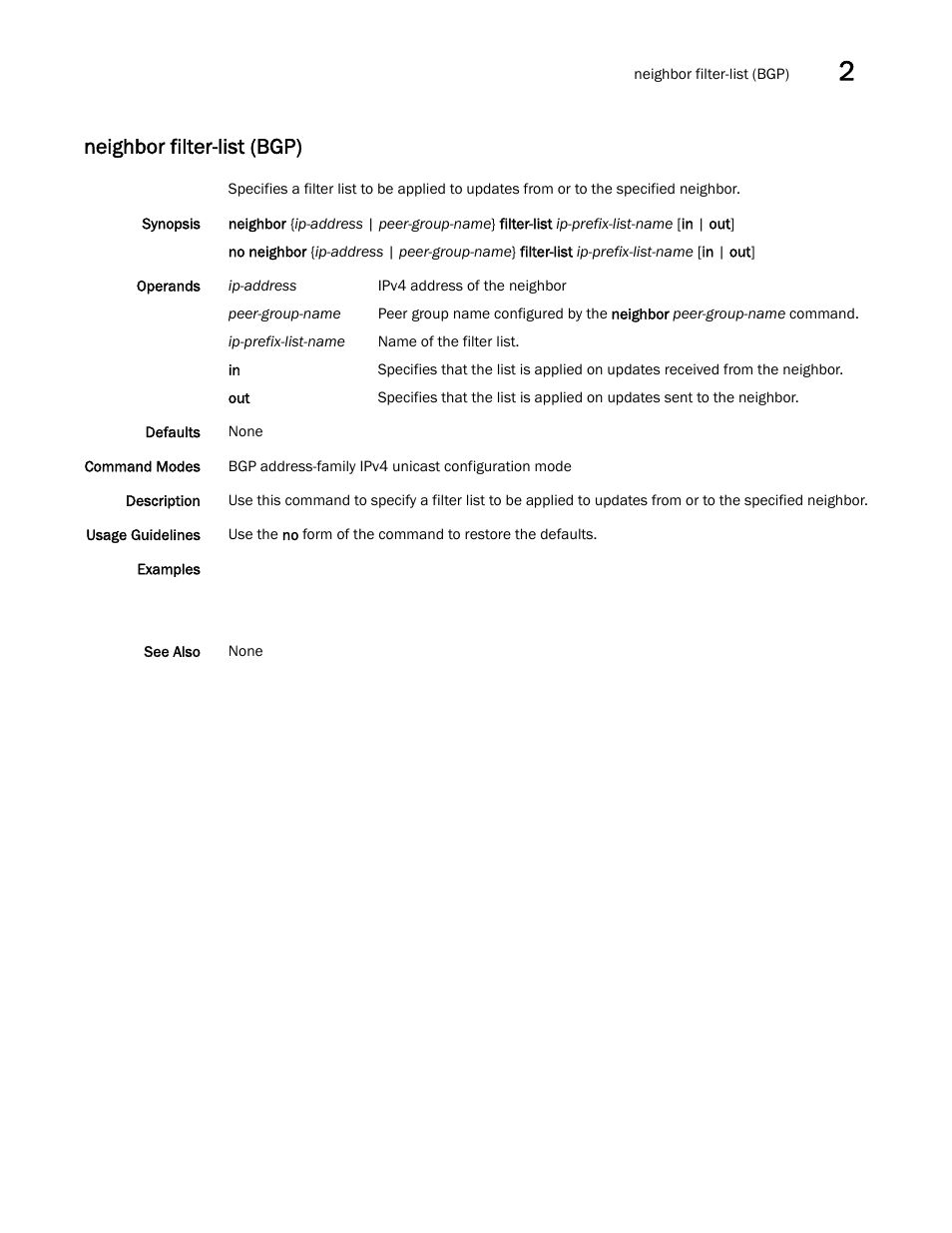 Neighbor filter-list (bgp) | Brocade Network OS Command Reference v4.1.0 User Manual | Page 537 / 1418