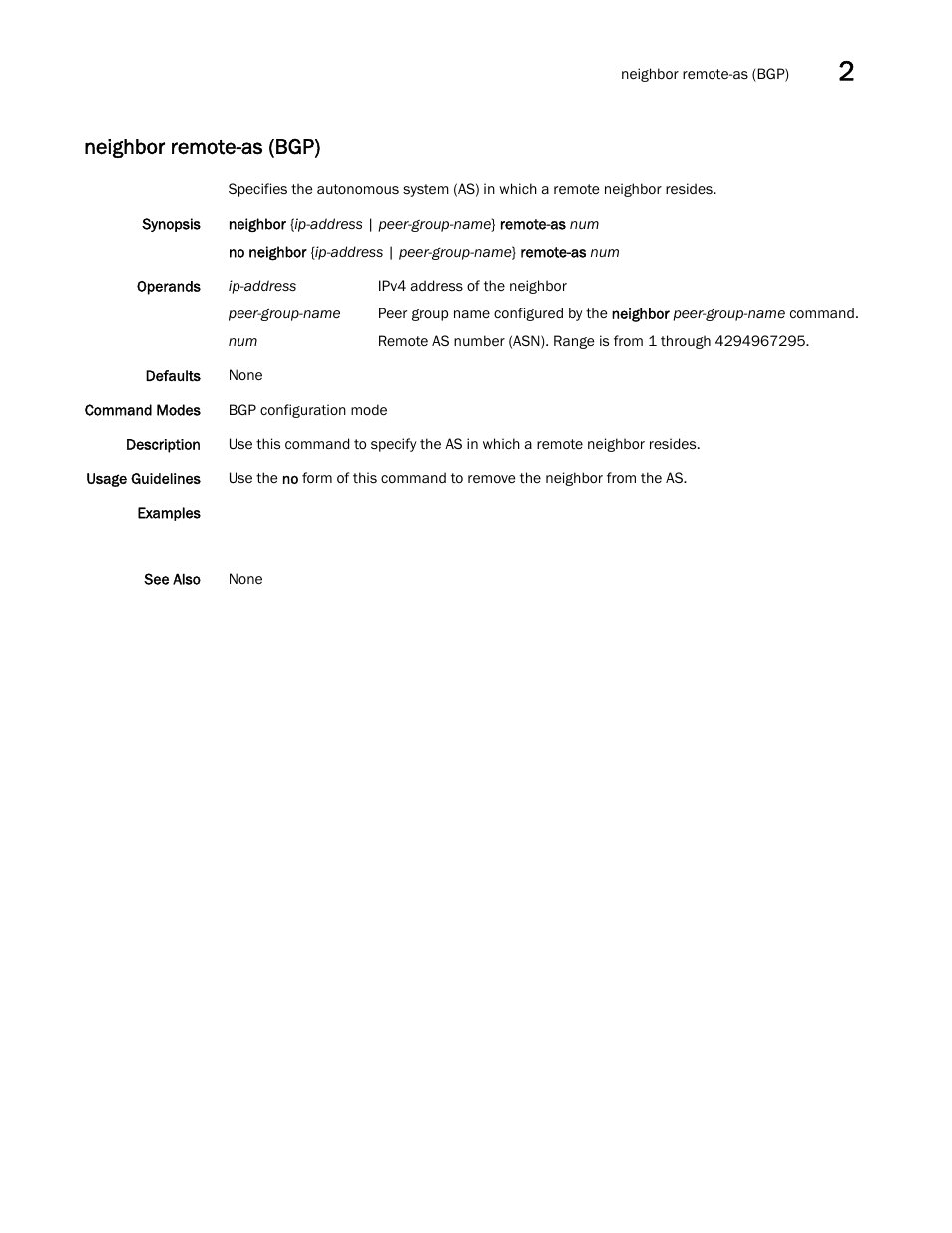 Neighbor remote-as (bgp) | Brocade Network OS Command Reference v4.1.0 User Manual | Page 545 / 1418