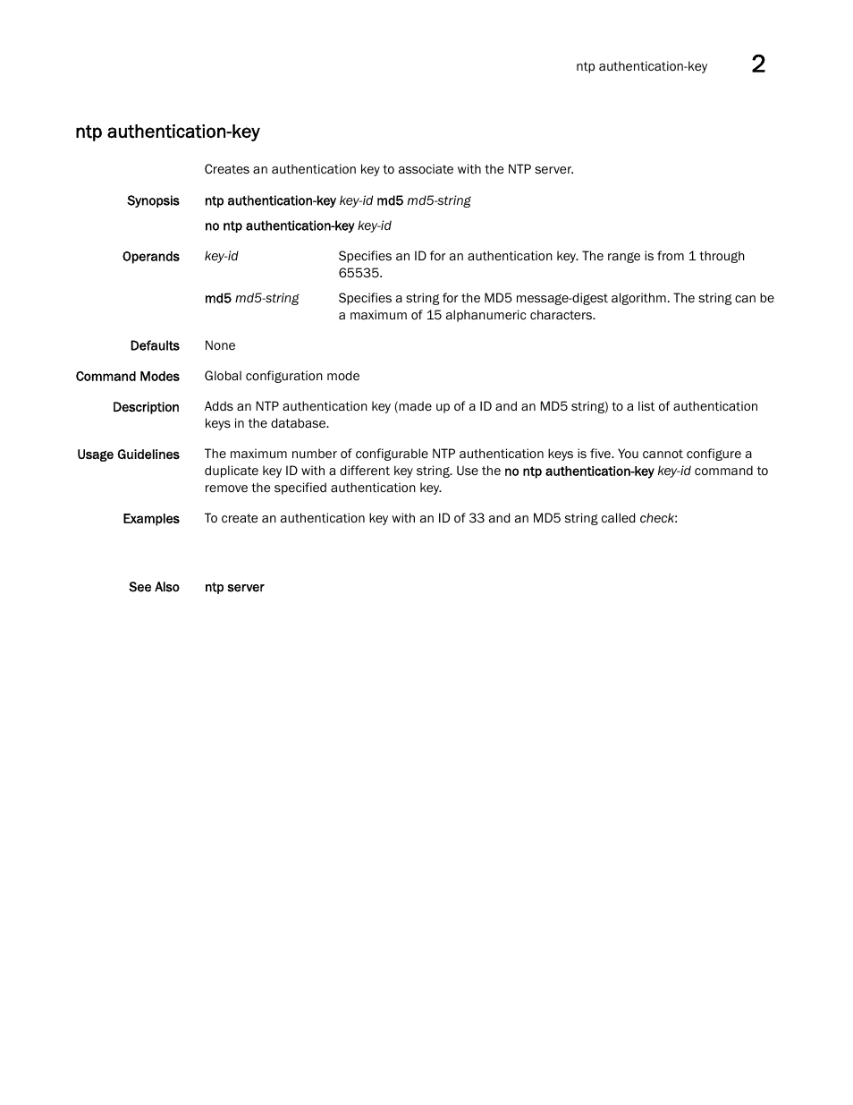 Ntp authentication-key | Brocade Network OS Command Reference v4.1.0 User Manual | Page 563 / 1418