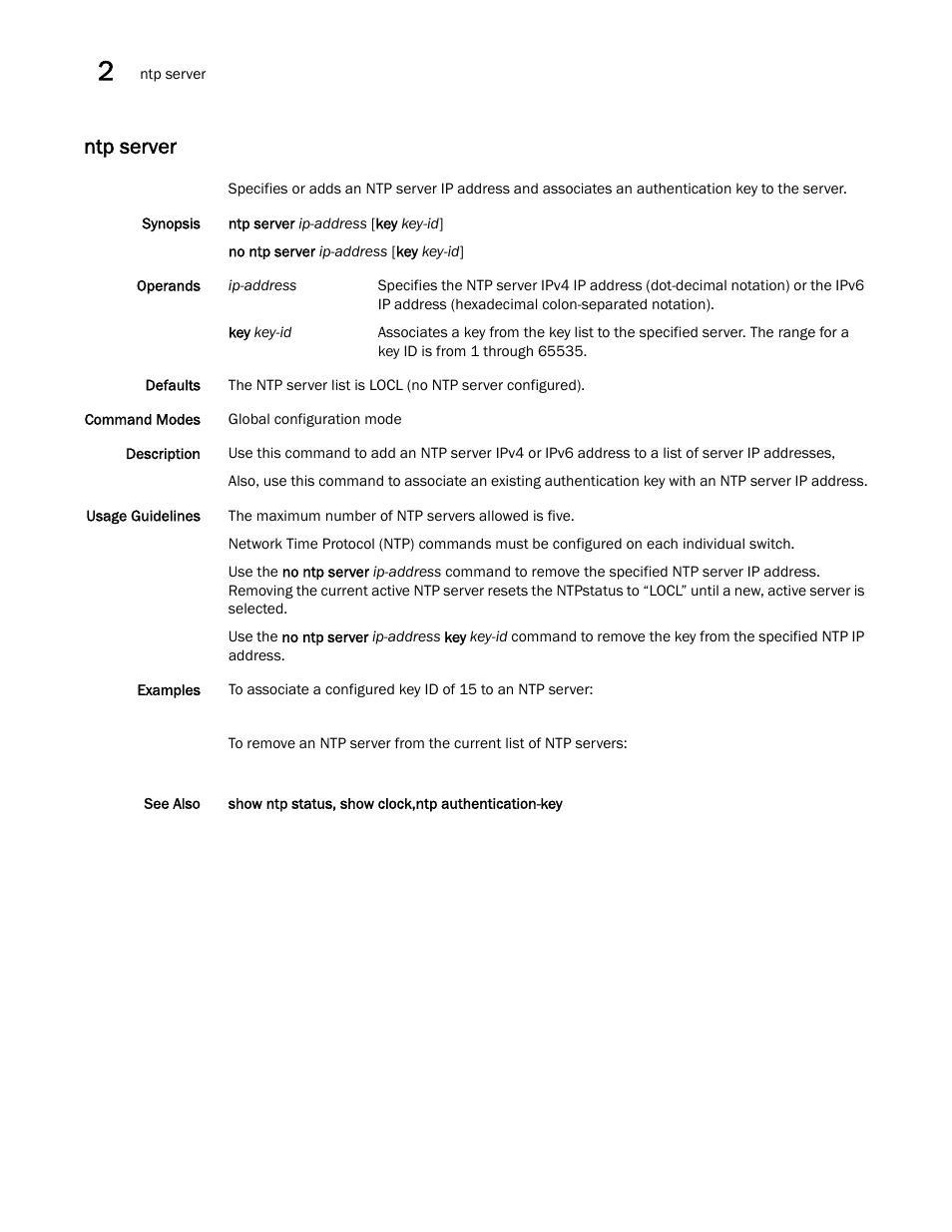 Ntp server | Brocade Network OS Command Reference v4.1.0 User Manual | Page 564 / 1418