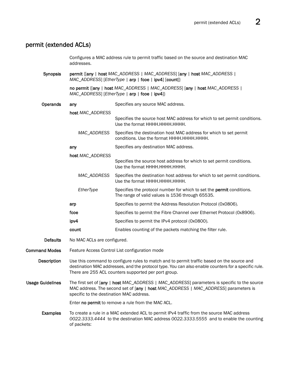Permit (extended acls), Extended acls), Permit (extended acls), per | Brocade Network OS Command Reference v4.1.0 User Manual | Page 571 / 1418
