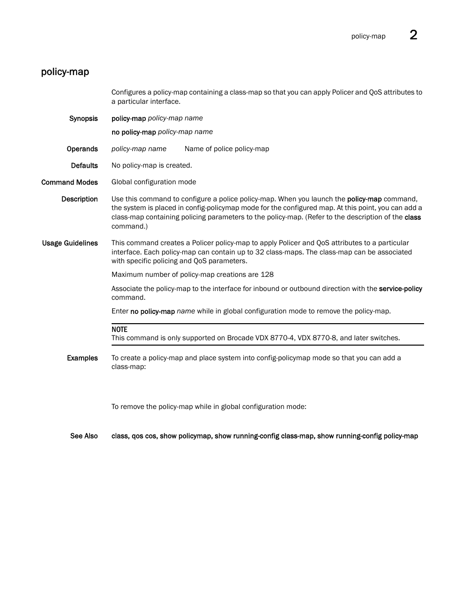 Policy-map, Policy-map, qos, Policy-map) f | Map, qos, Licy-map, qos | Brocade Network OS Command Reference v4.1.0 User Manual | Page 579 / 1418