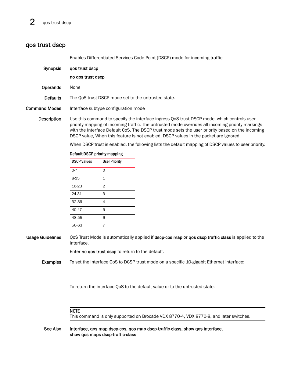 Qos trust dscp | Brocade Network OS Command Reference v4.1.0 User Manual | Page 626 / 1418