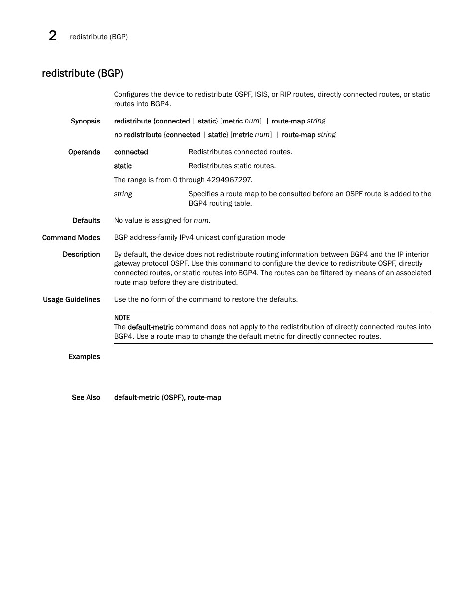 Redistribute (bgp) | Brocade Network OS Command Reference v4.1.0 User Manual | Page 648 / 1418