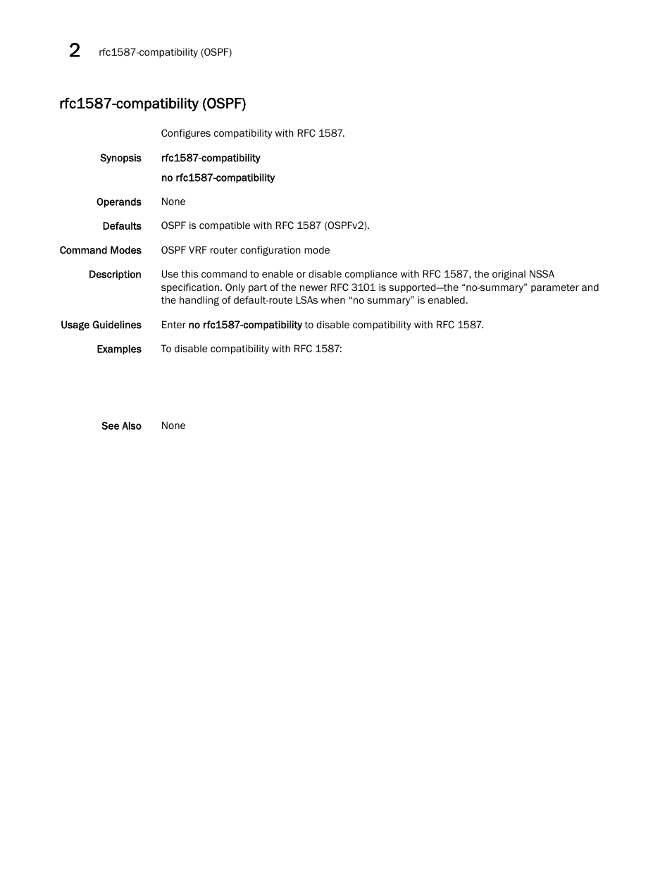 Rfc1587-compatibility (ospf) | Brocade Network OS Command Reference v4.1.0 User Manual | Page 662 / 1418