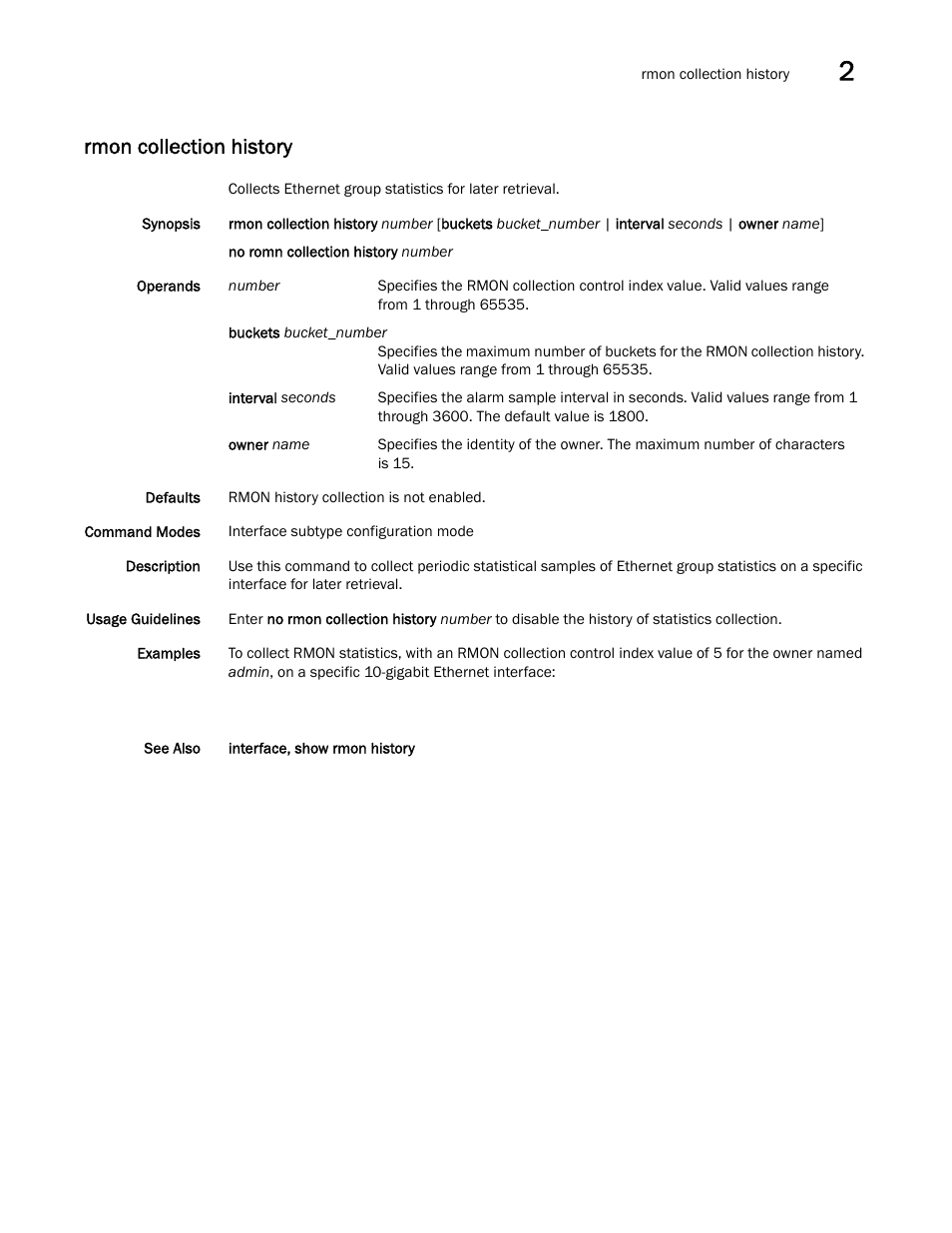 Rmon collection history | Brocade Network OS Command Reference v4.1.0 User Manual | Page 665 / 1418