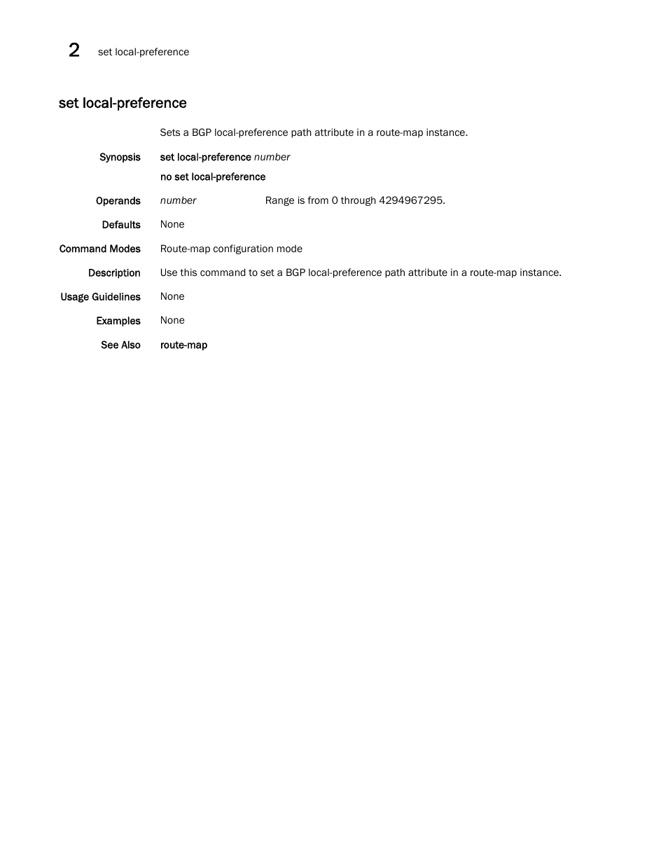 Set local-preference | Brocade Network OS Command Reference v4.1.0 User Manual | Page 704 / 1418