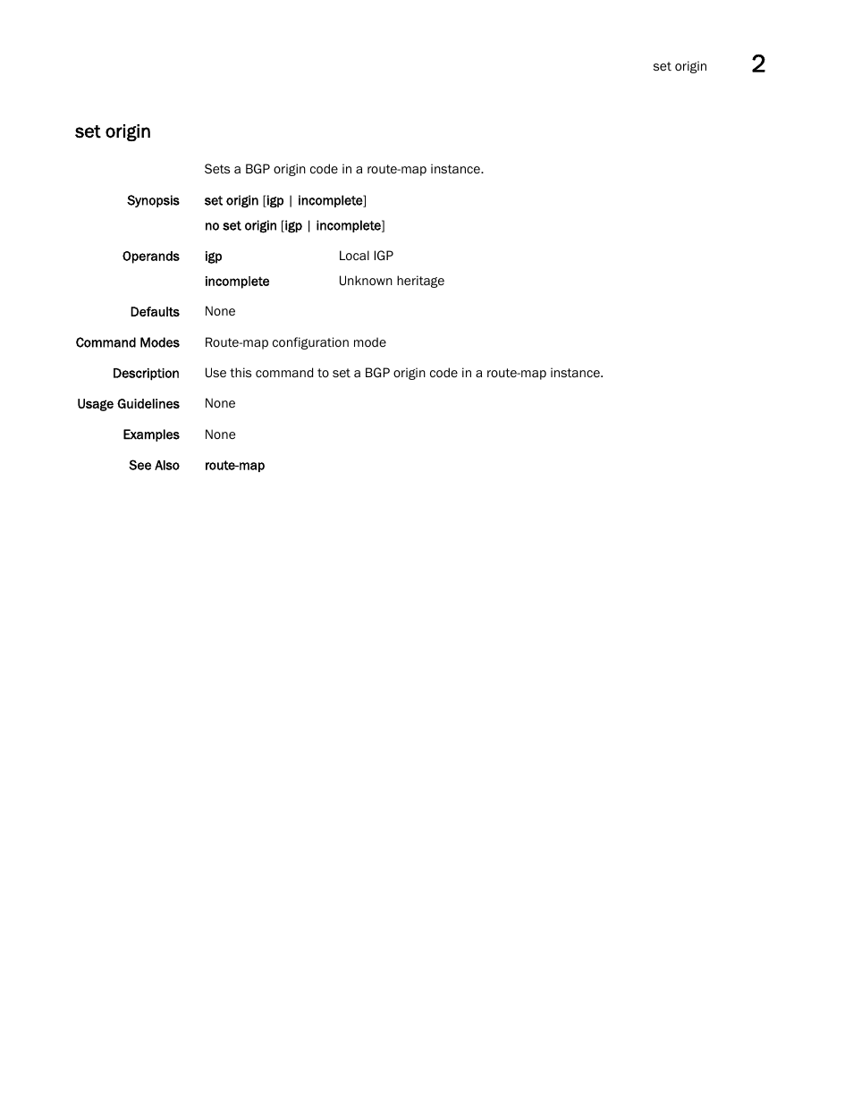 Set origin | Brocade Network OS Command Reference v4.1.0 User Manual | Page 707 / 1418