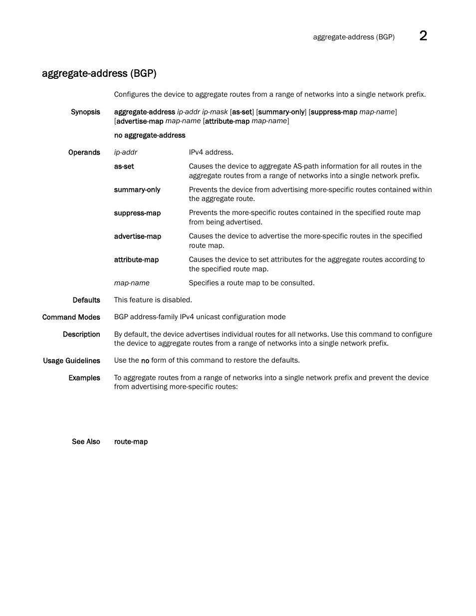 Aggregate-address (bgp) | Brocade Network OS Command Reference v4.1.0 User Manual | Page 71 / 1418