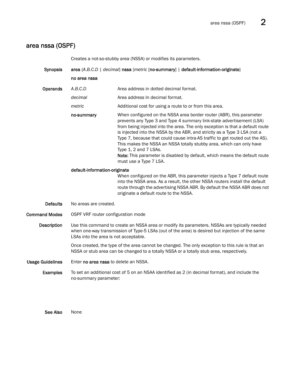 Area nssa (ospf) | Brocade Network OS Command Reference v4.1.0 User Manual | Page 77 / 1418