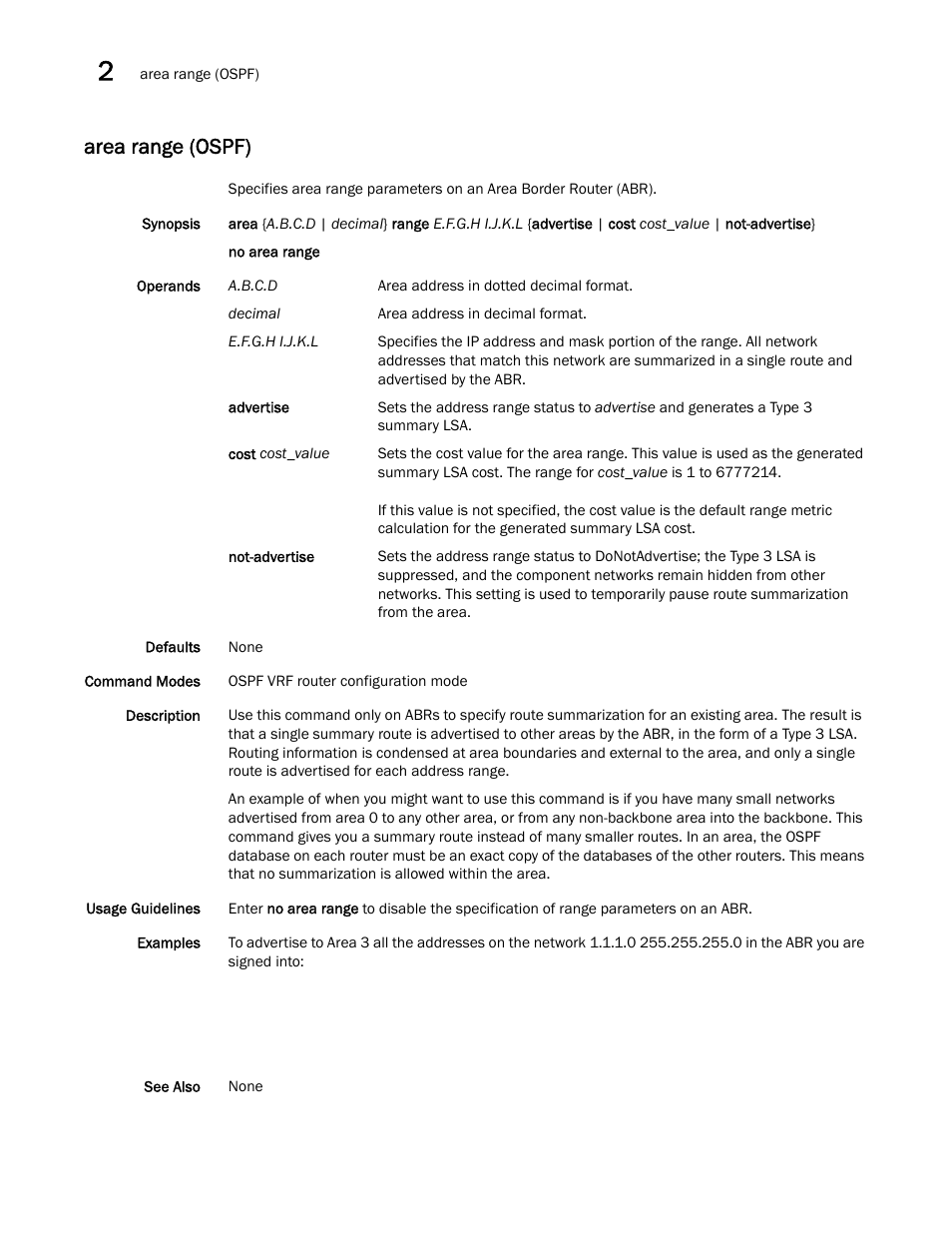 Area range (ospf) | Brocade Network OS Command Reference v4.1.0 User Manual | Page 78 / 1418