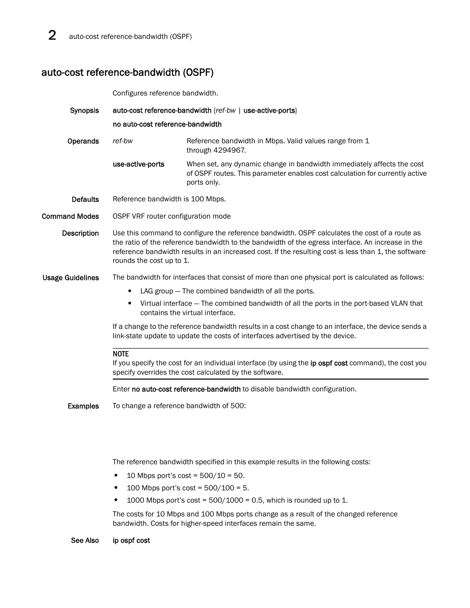 Auto-cost reference-bandwidth (ospf) | Brocade Network OS Command Reference v4.1.0 User Manual | Page 84 / 1418