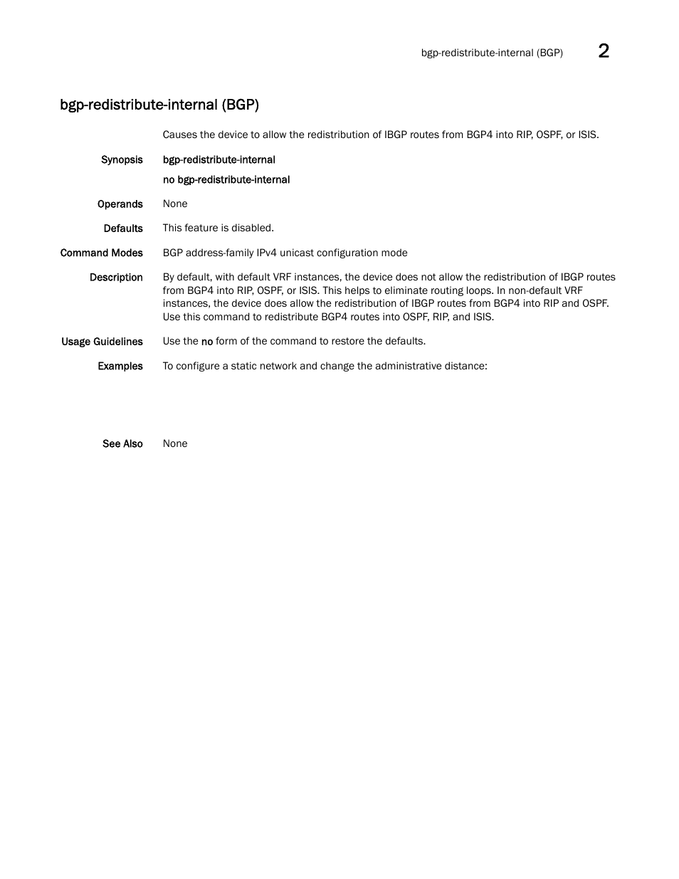 Bgp-redistribute-internal (bgp) | Brocade Network OS Command Reference v4.1.0 User Manual | Page 91 / 1418